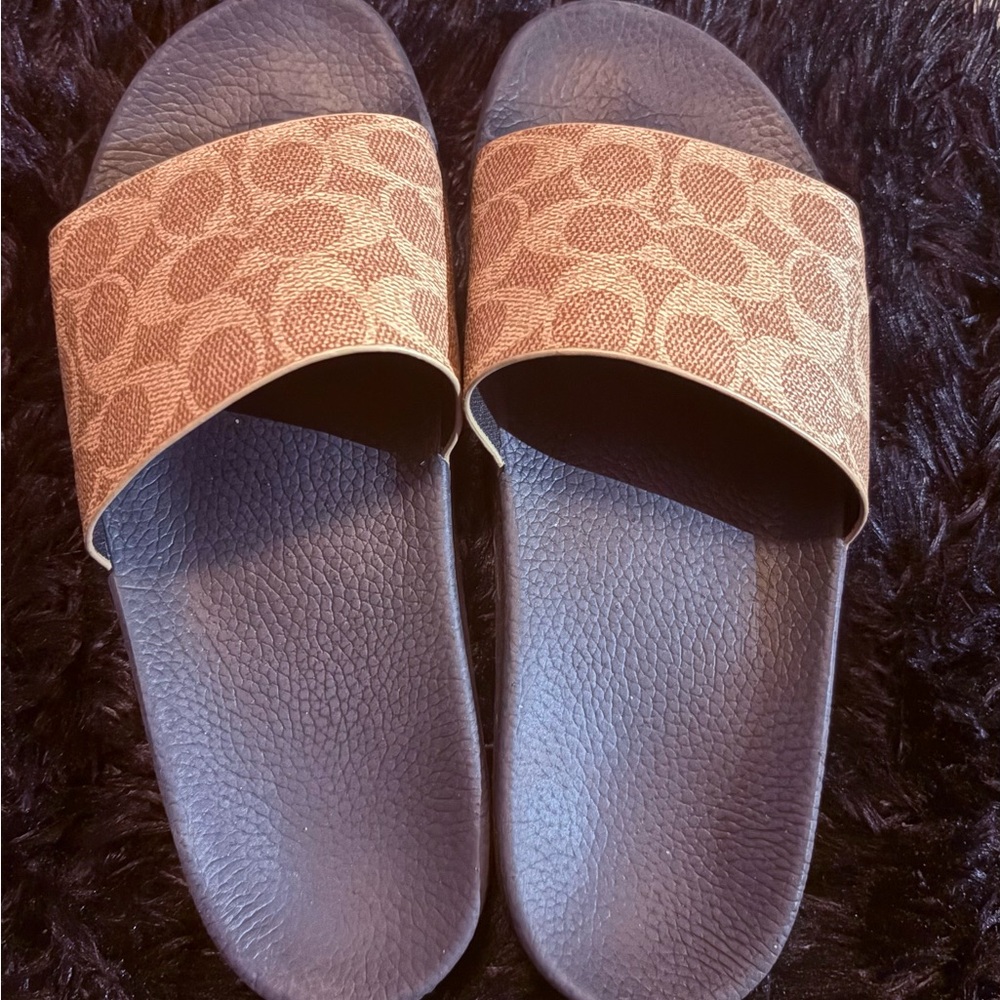 Coach Brown Monogram Slide Sandals with Black Footbed